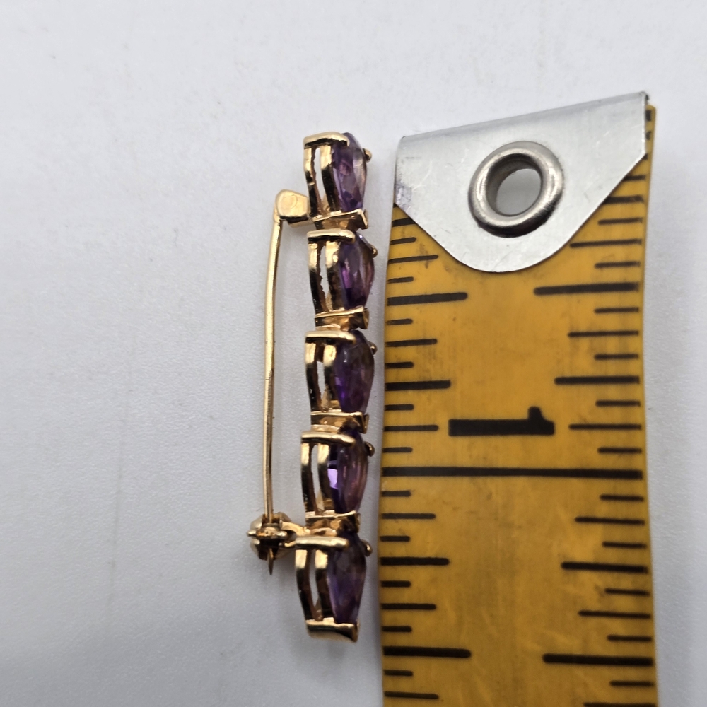 14k Gold Purple Amethyst Gemstone Bar Brooch - Picture 6 of 7